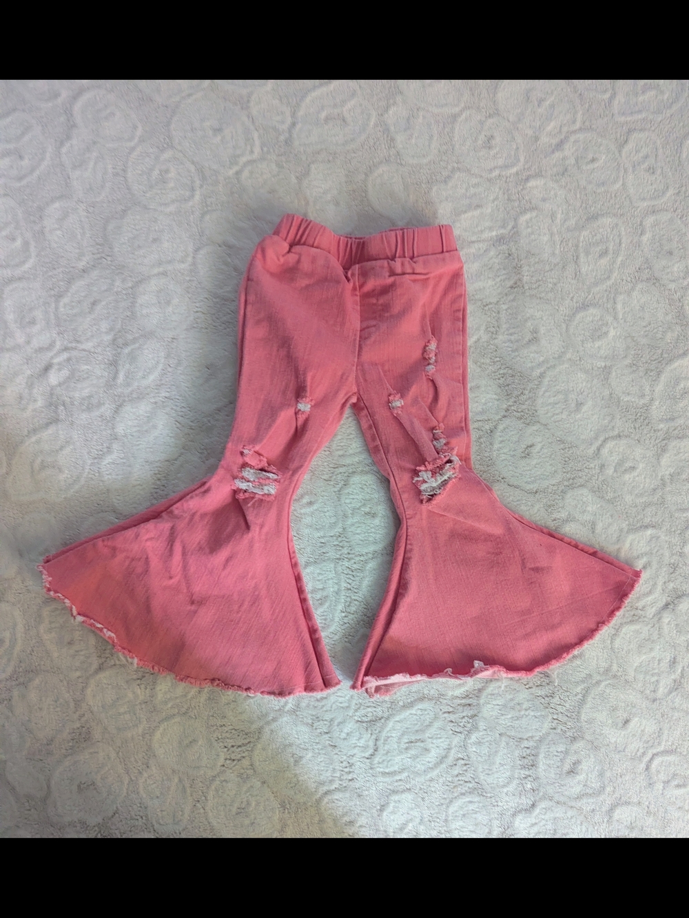 Girls Pink Flared Ruffle Hem Distressed Pants